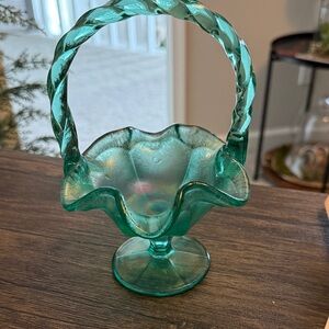 Vintage Fenton Teal Glass basket with Handle